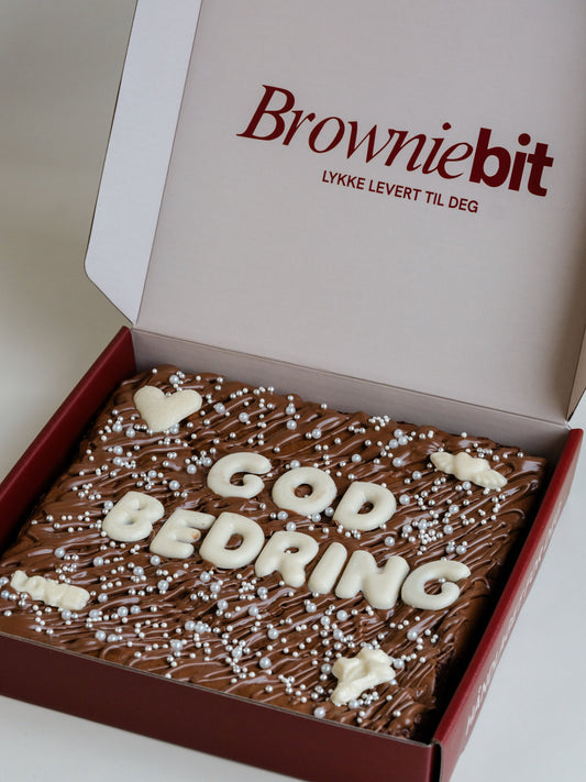God bedring-brownie med personlig hilsen i Browniebit-gaveeske