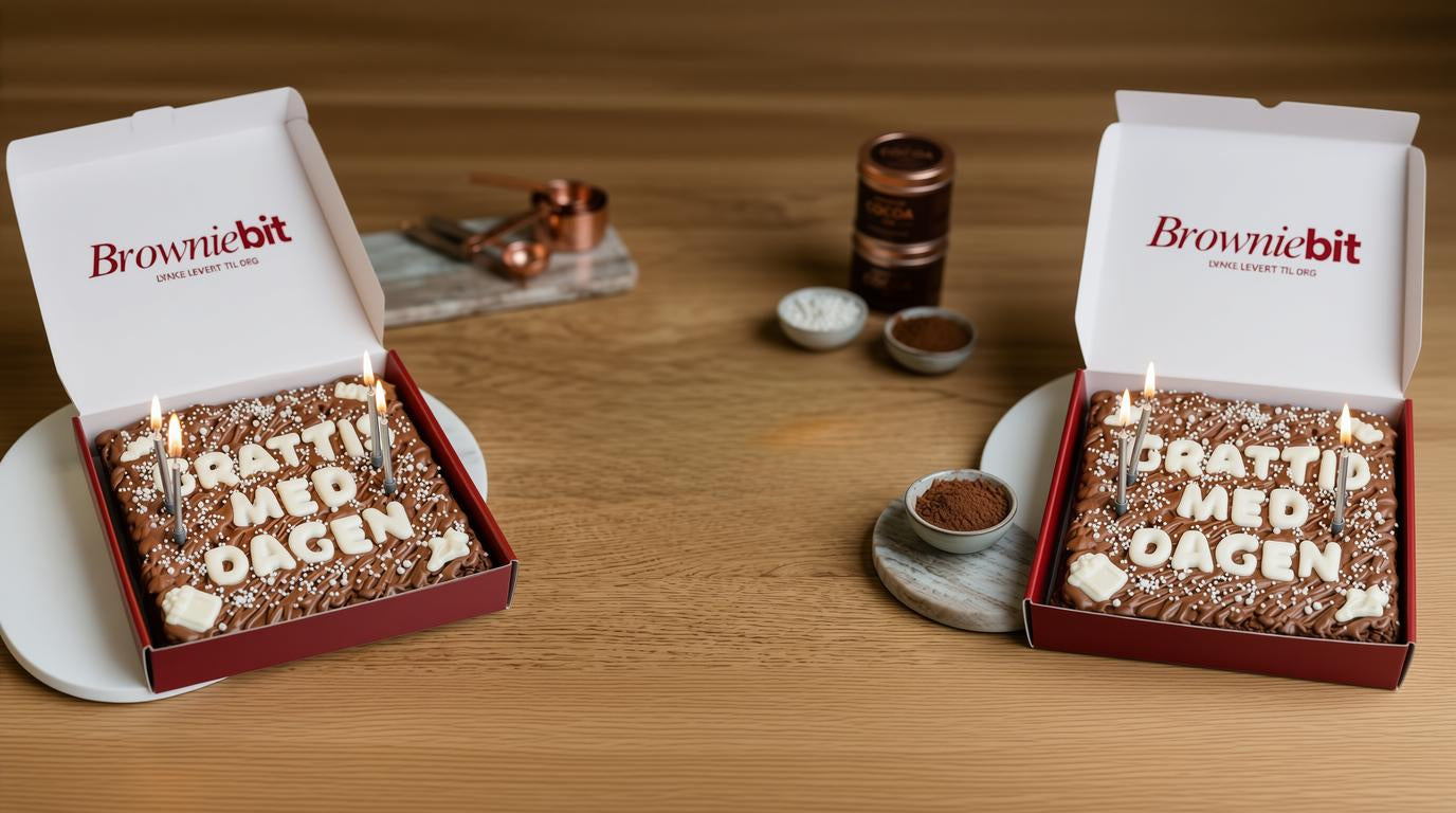 Personlige bursdagsbrownies med tekst og tente lys, levert i Browniebit-gaveeske