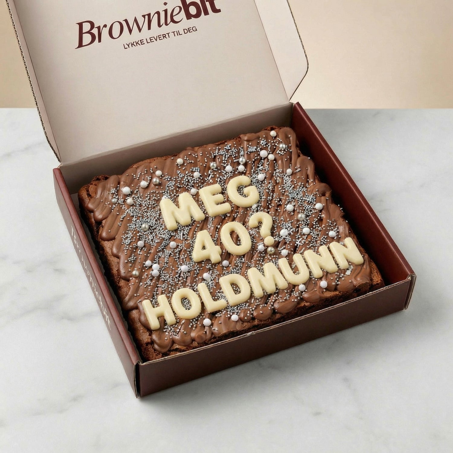 Personlig brownie med morsom tekst i Browniebit-eske – unik personlig gave